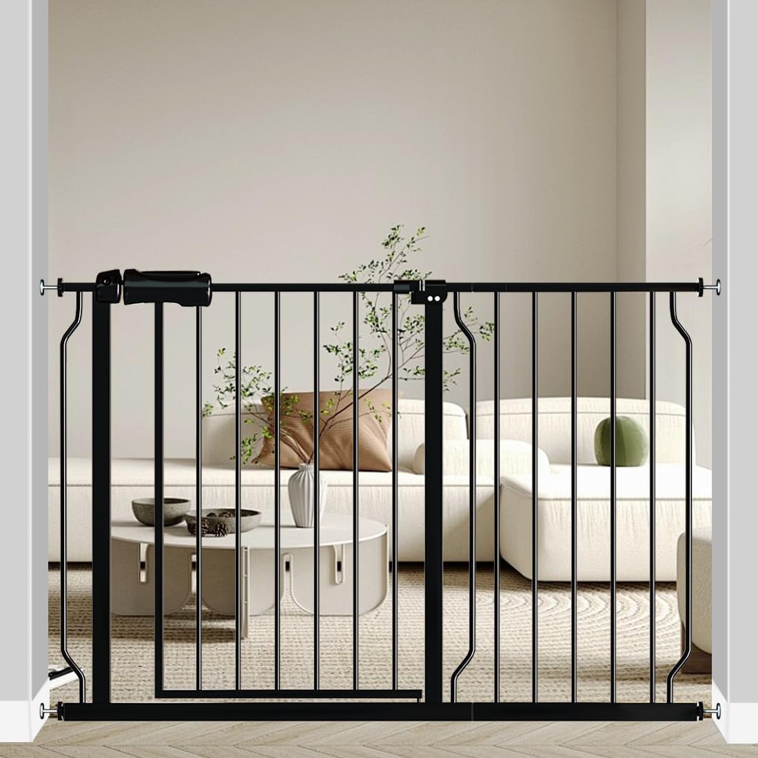 Fairy Baby Walk Through Baby Gate 43.5-48 Inch Wide for Stairs, Pressure Mounted Safety Gate with Door No Drill, Black Tension M