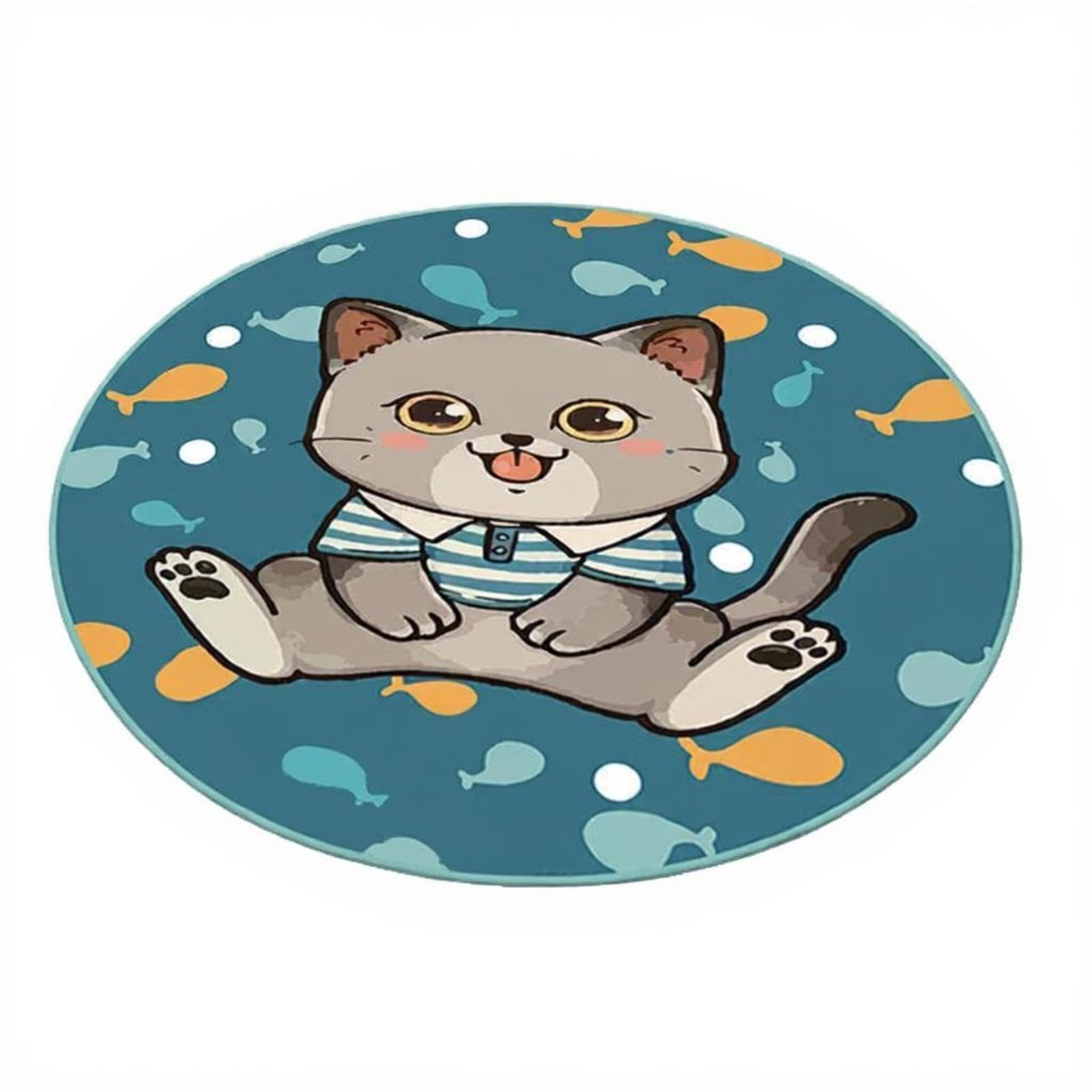 MERISHOPPRound Pet Mat, Absorbent Dog and Cat Bed Mat, NonSlip, cleanable, Floor Protector 80cm Diameter Blue Cat