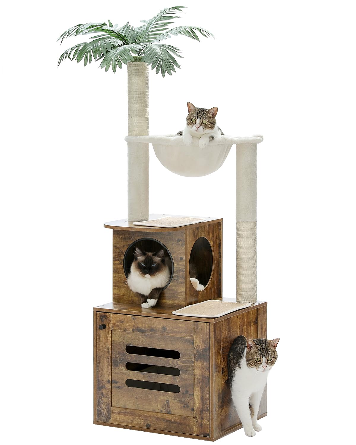 MUTTROS Cat Tree with Litter Box Enclosure 55.5 Modern Cat Tree Tower with Top Bed and Green Leaves, Wood Cat Furniture Hidden L