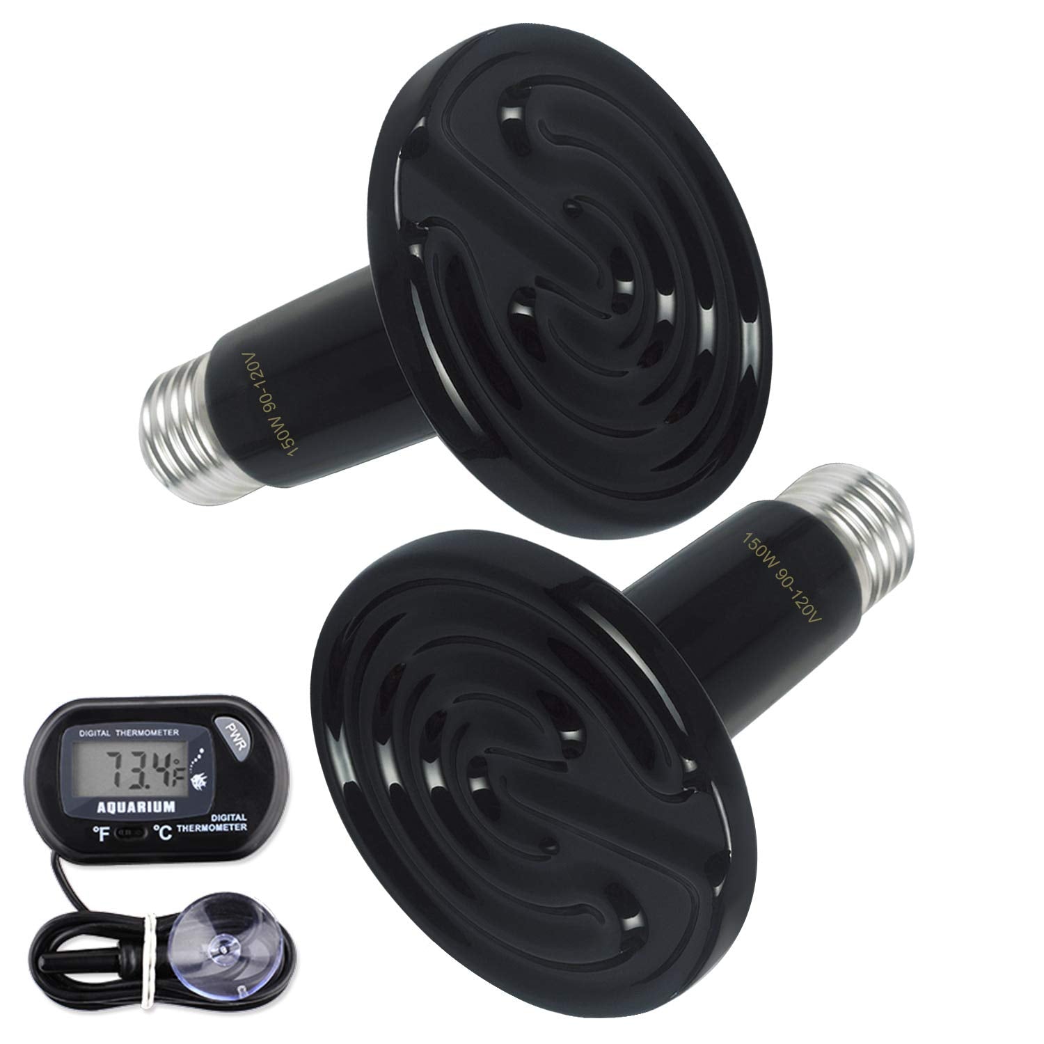 OMAYKEY 2-Pack 150W Ceramic Heat Lamp with 1-pcs Digital-Thermometer, Infrared Heat Emitter Bulbs for Reptiles, Amphibians, Chic