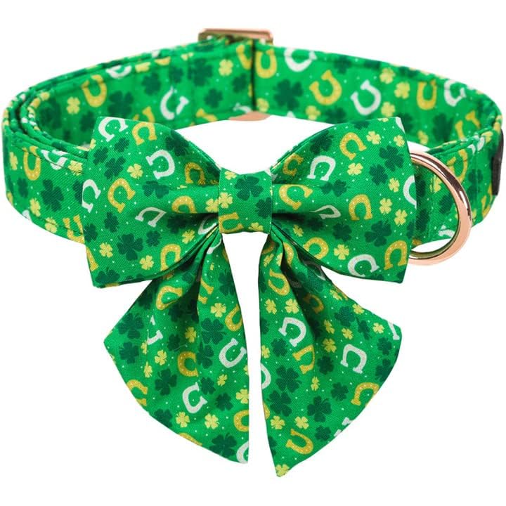 ARING PET St. Patrick's Day Dog Collar-Green Clovers Dog Collar with Sailor Bowtie, Adjustable Cotton Trefoil Dog Collars with M