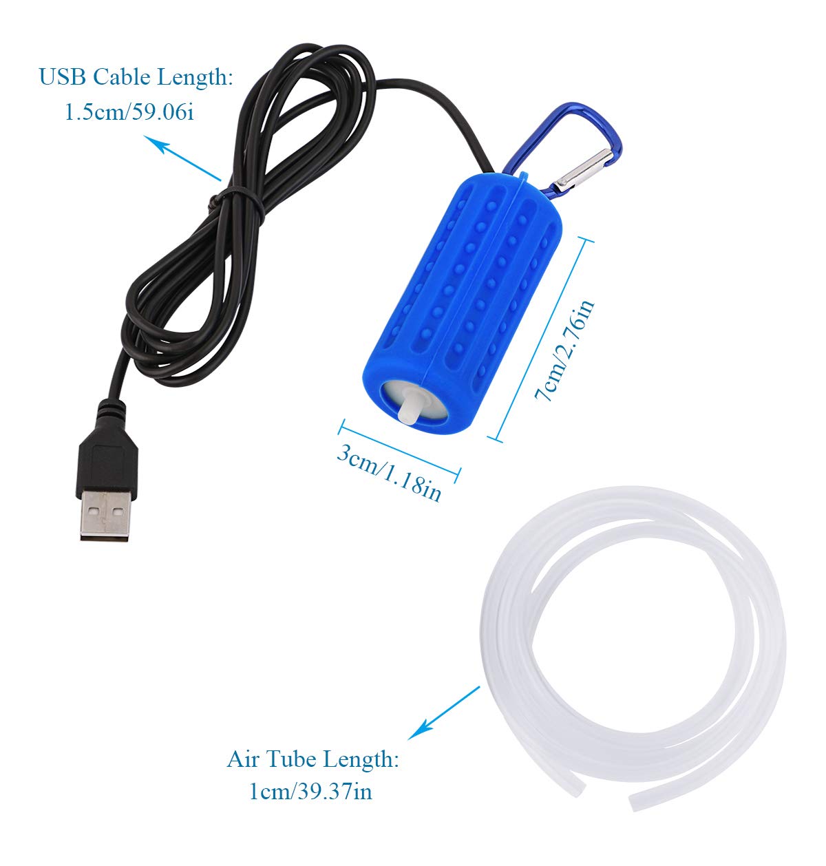 Useekoo USB Aquarium Air Pump - Ultra Durable, Quiet, Small Air Bubbler with Air Stone & Silicone Tube - Dark Blue