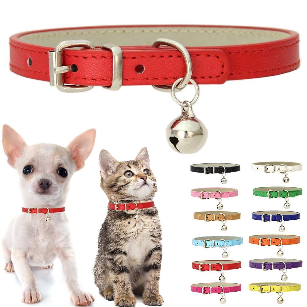 Red Kitten Collar with Bell, Soft Pu Leather Small Dog Collars Adjustable Buckle for XXS XS Extra Small Medium Tiny Female Male 