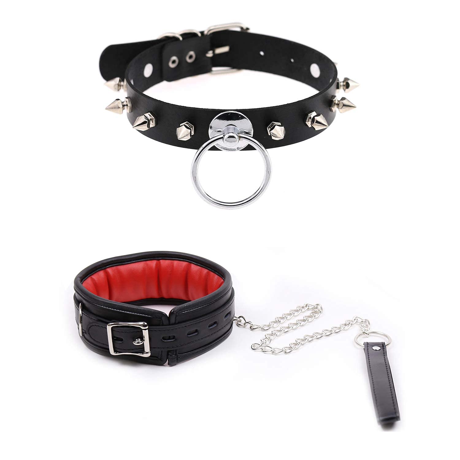 2 Pieces Black And Red Leather Collars Gothic Plush Leather Collars Choker With Chain Detachable Leash Rope Small Pet Collar