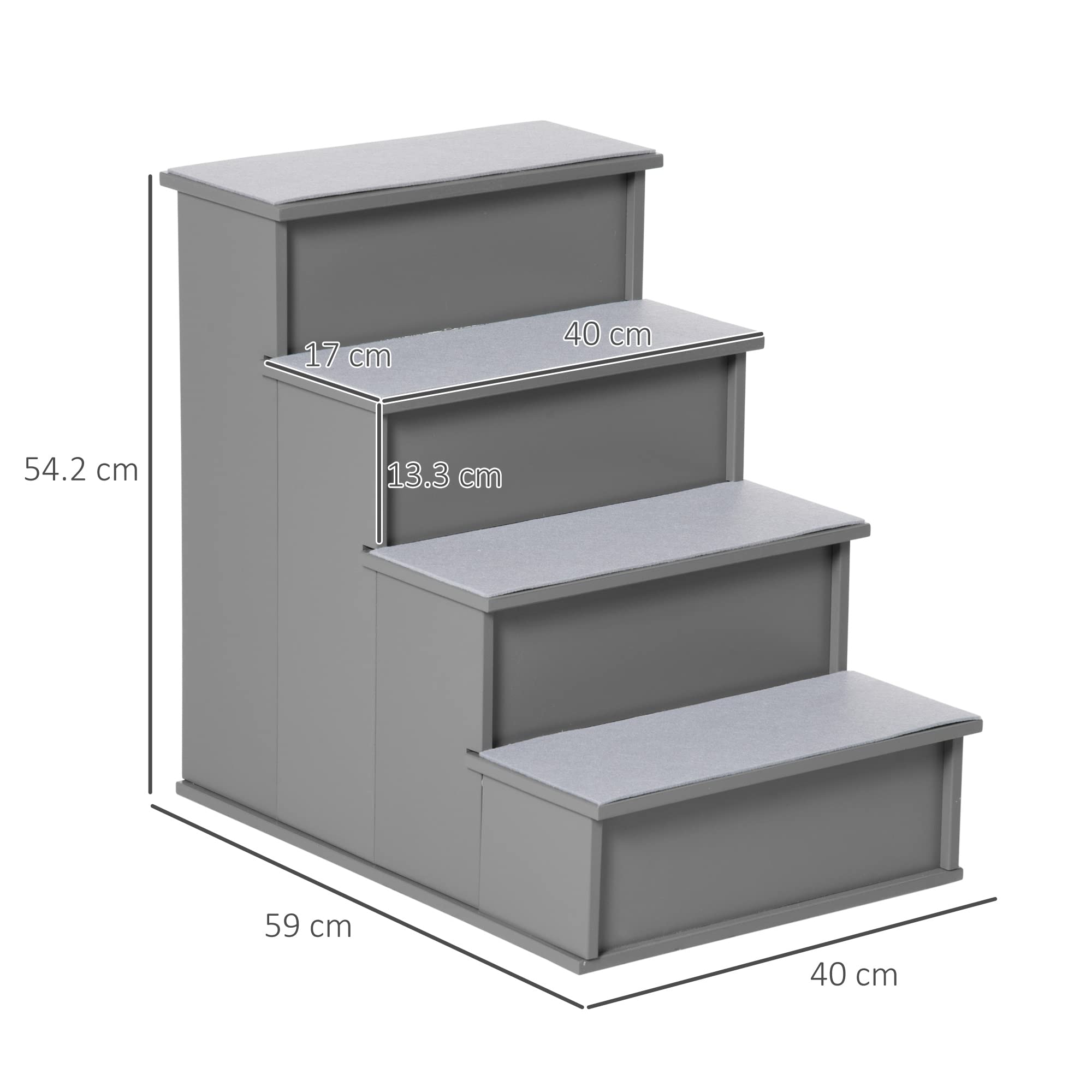 PawHut 4 Step Wooden Cushioned Pet Stairs Ramp Steps for Dogs, Cat Ladder for Bed Couch with Non-Slip Carpet, 40 x 59 x 54.2 cm,