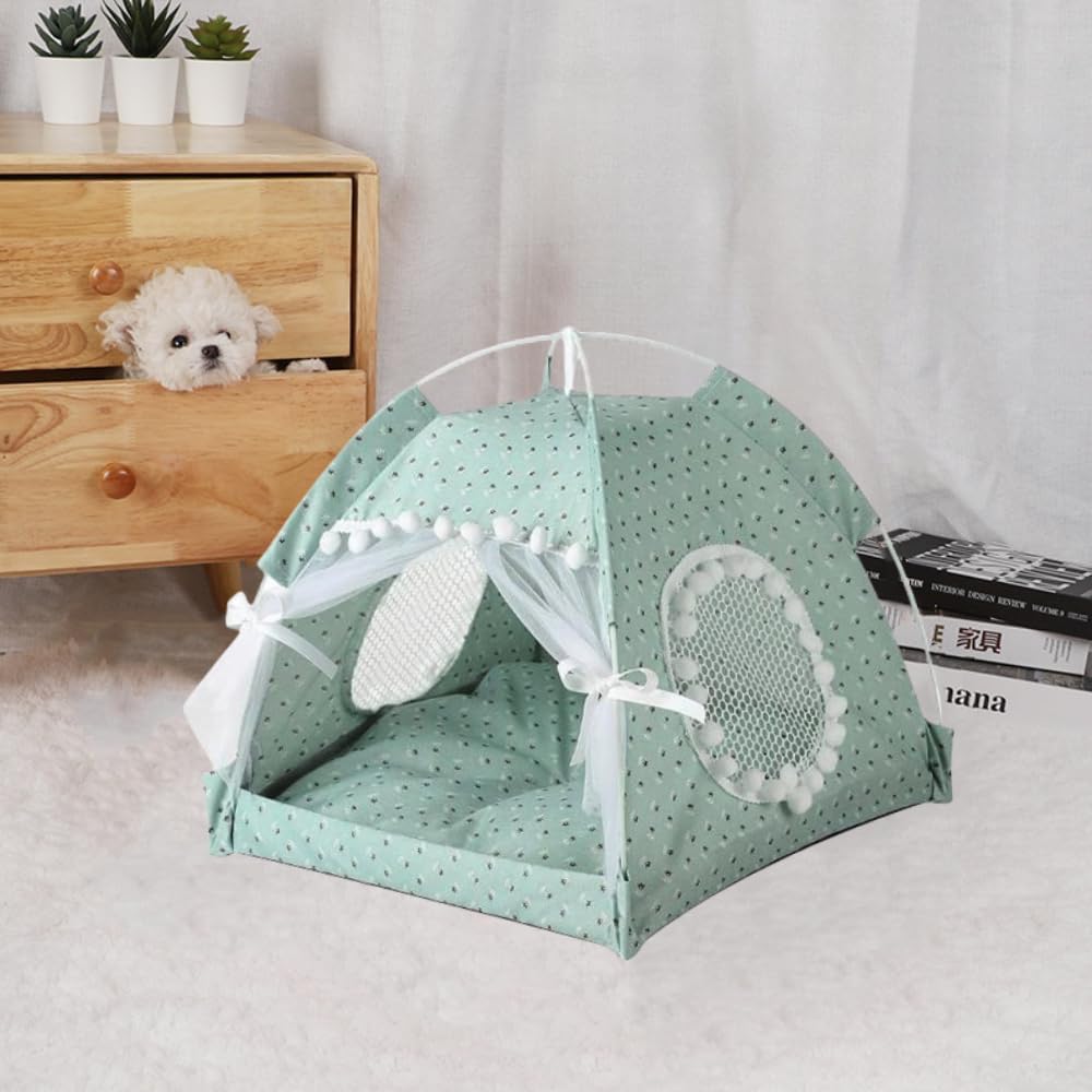 Cat Bed Tents Dog House Indoor Outdoor Lace Mesh Breathable Windows Door Curtains Removable Portable Nest Teepe House (Large,Min