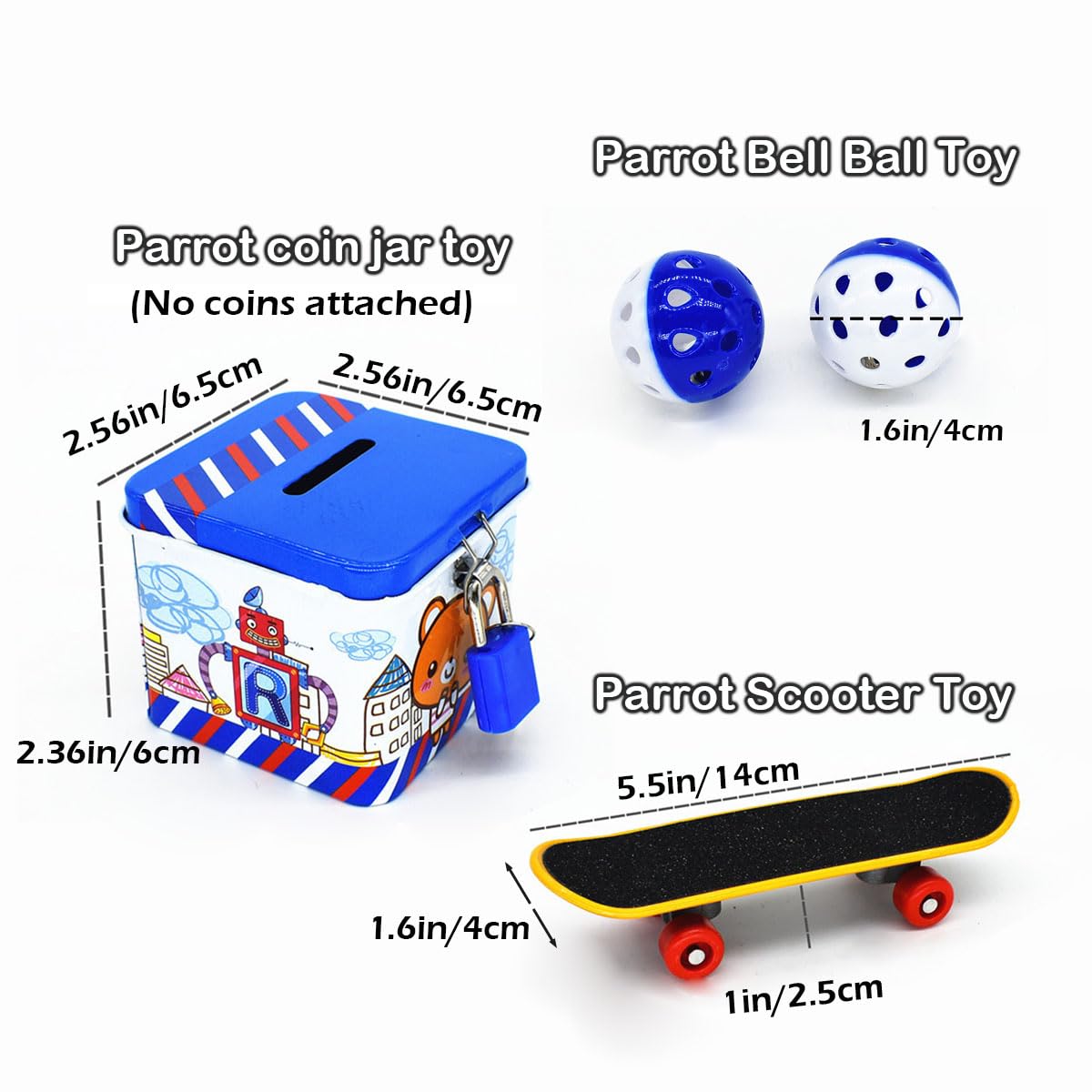 6Pcs Interactive Puzzle Toy Set For Small Parrots - Training, Stress Relief, Include Coin Box, Bell Ball, Skateboard & Ferrule T