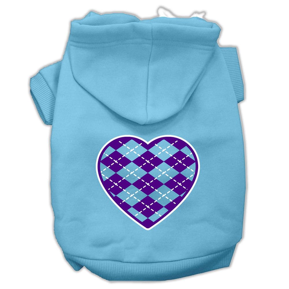 Pet Dog & Cat Hoodie Screen Printed, 'Purple Argyle Heart' Baby Blue Sm (3-6 Lbs.)