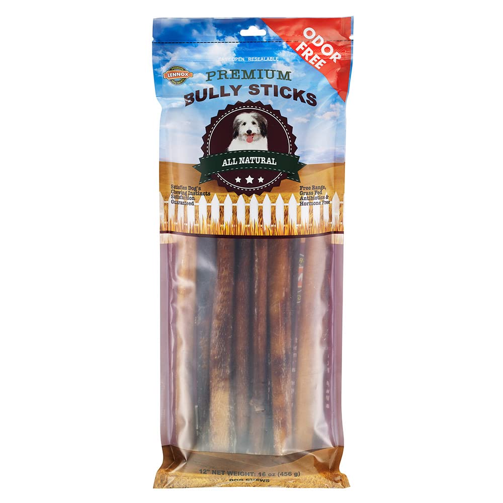 Lennox 12 Bully Sticks for Medium & Large Dogs | Long Lasting, Odorless, Premium All Natural Dog Treat | 100% Free Range, Grass 