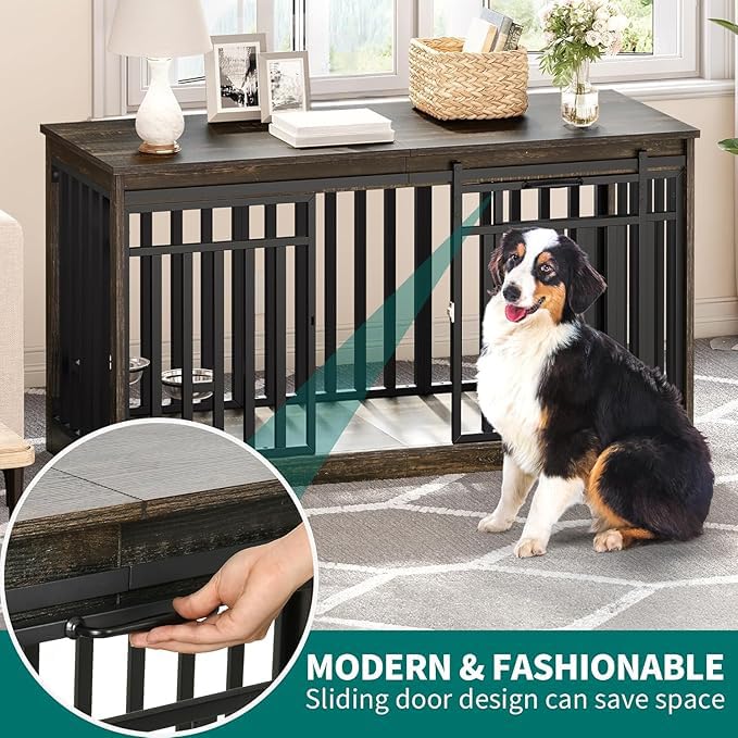 YITAHOME 55 Inch Large Dog Crate Furniture, Heavy Duty Wooden Dog Crate TV Stand with 2 Dog Bowls, Metal Dog Kennel Indoor Furni