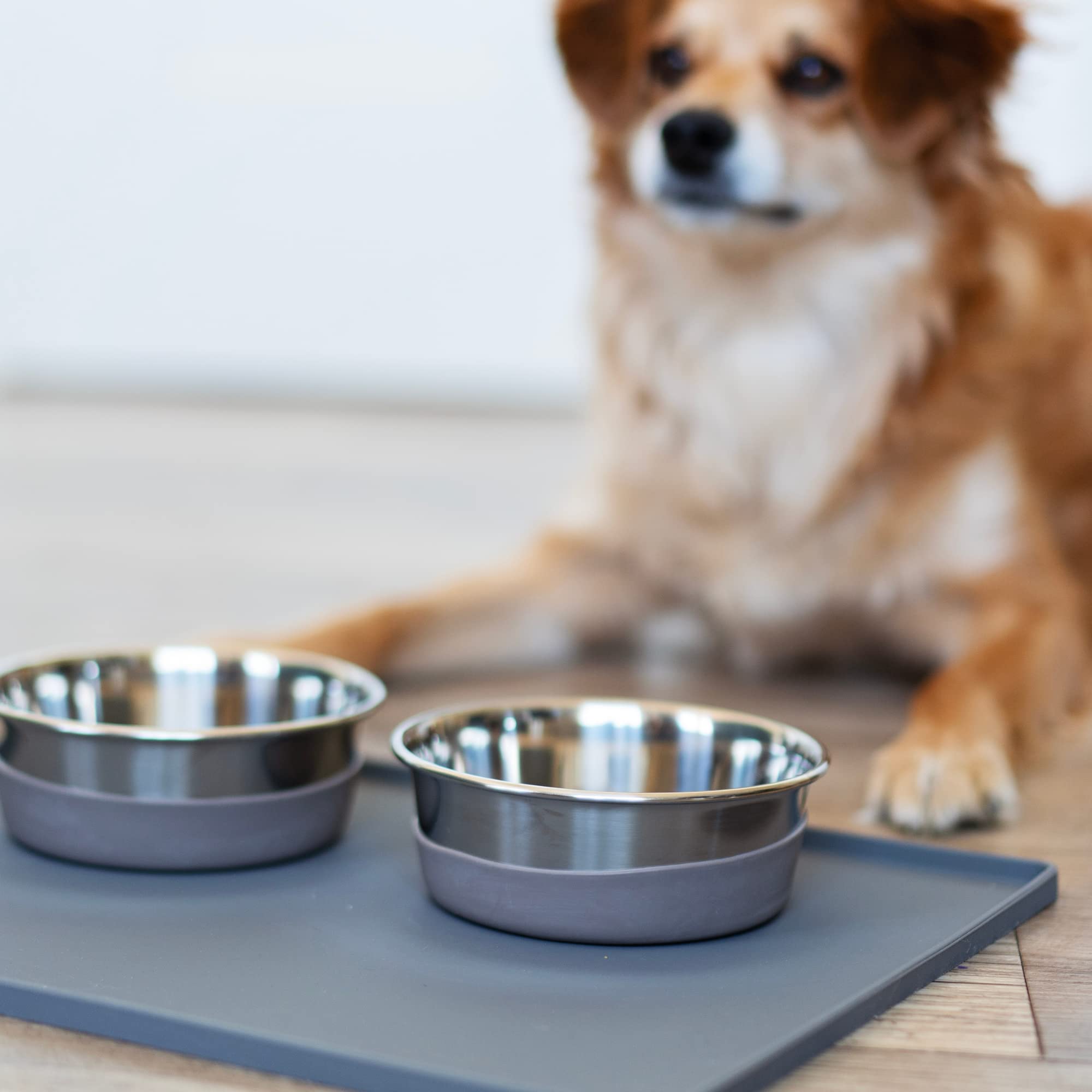 Messy Mutts Silicone Non-Slip Dog Bowl Mat With Raised Edge And Two Sides Reinforced With Metal Rods | Dog/Cat Bowl Mat With Spill-Proof Lip | Medium, 20” X 12” | Dark Grey