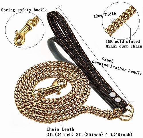 Aiyidi Strong Dog Chain Gold Leash Long 3FT 4FT 5FT 18K Gold Plated Stainless Steel 12mm Curb Cuban Link Dog Leash with Comforta