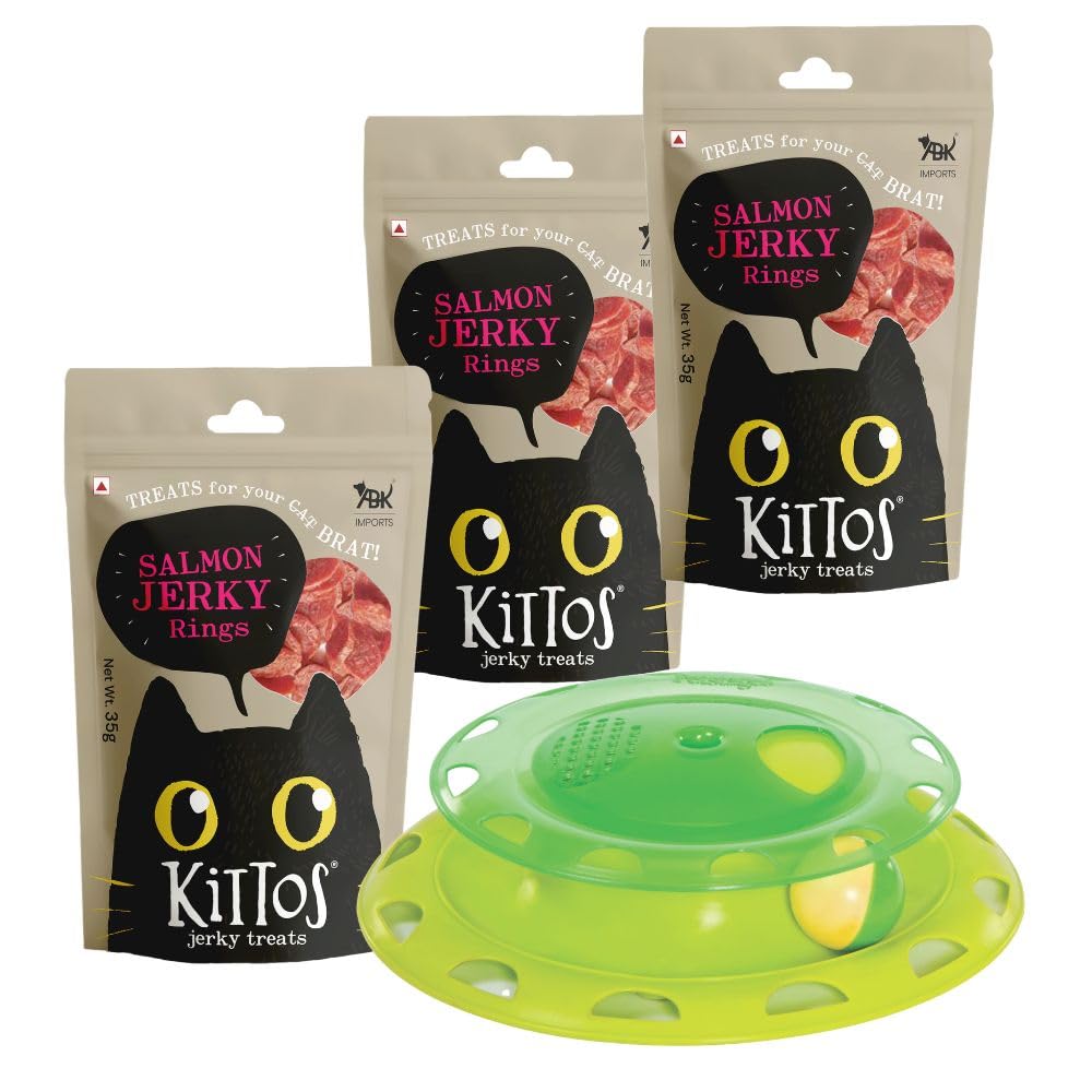 Combo Of Petstages Catnip Chase Track Cat Toy 24 Cm With 3 Pack Of Kittos Salmon Rings Cat Treats, 35 G