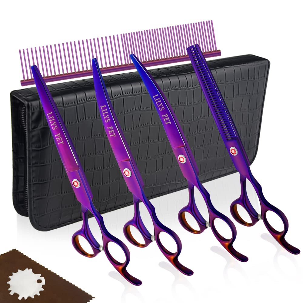 Lilys Pet Professional Pet Dog Grooming Coated Titanium Scissors Suit Cutting&Curved&Thinning Shears (8.0 Inches, Purple)