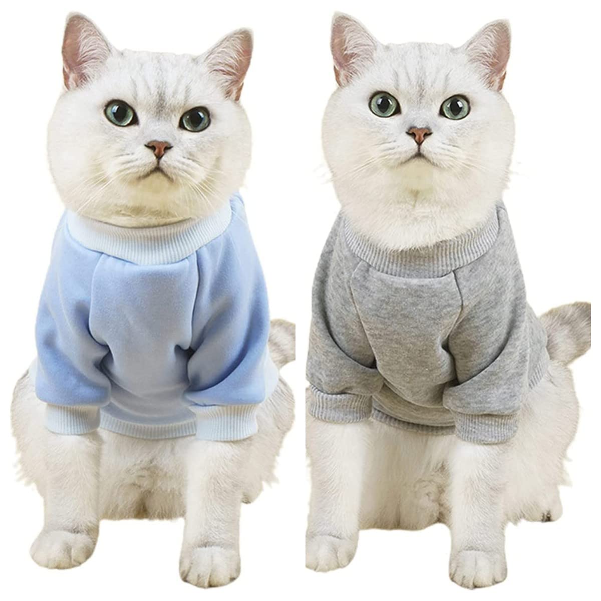 2Pc Pet Sweaters For Hairless Cats & Small Dogs - Cotton Pullover Shirts With Sleeves (Blue & Grey, Small)