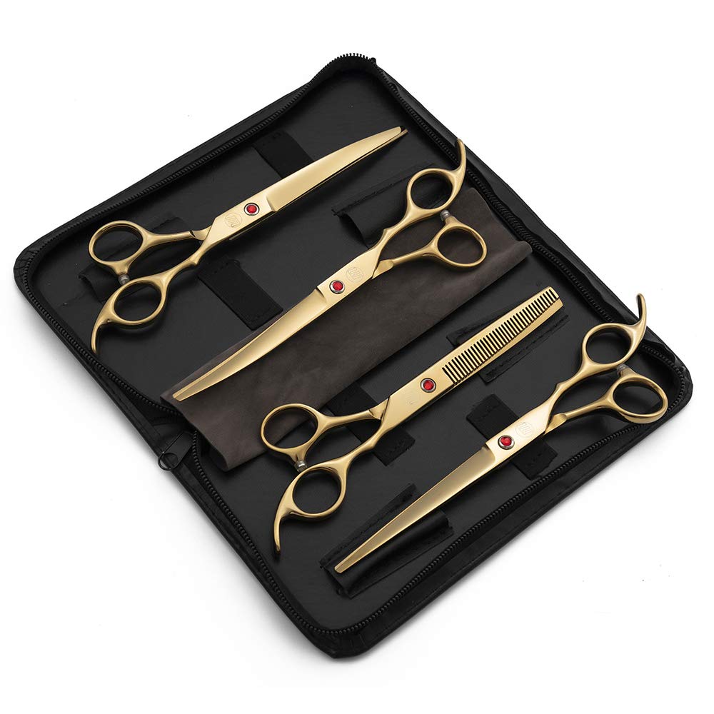 Moontay Professional 7.0' Dog Grooming Scissors Set, 4-Pieces Straight, Upward Curved, Downward Curved, Thinning/Blending Shears For Dog, Cat And Pets, Jp Stainless Steel, Gold