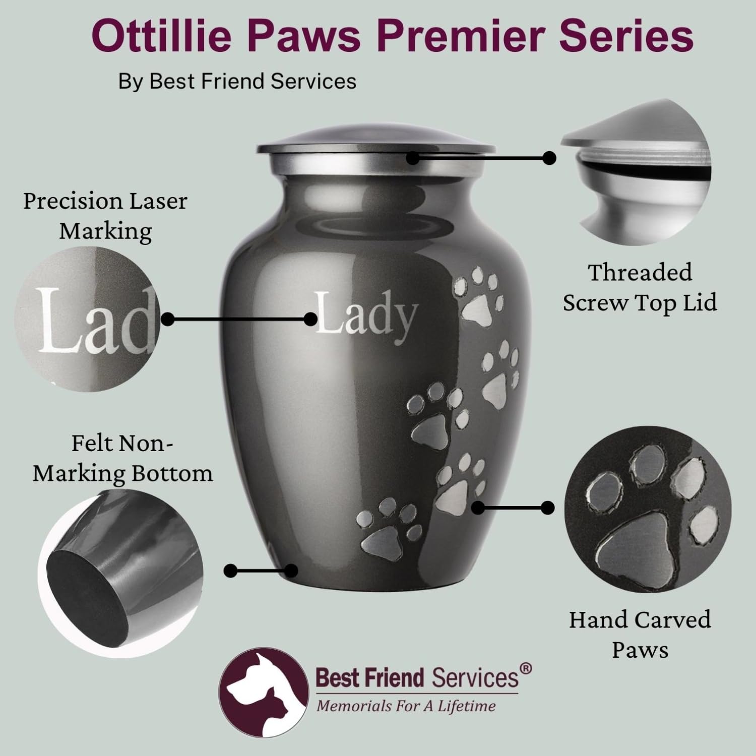 Best Friend Services Pet Urn For Dogs And Cats With Personalized Laser Engraving, Ottillie Paws Premier Series Memorial Urns (Me
