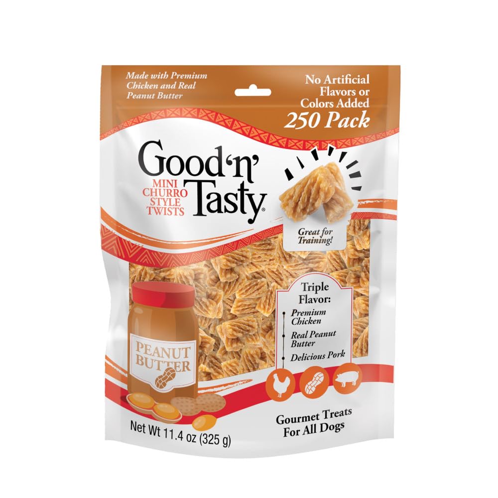 Good n Tasty Triple Flavor Mini Churro Style Twists, 250 Count, Gourmet Dog Treats Made with Chicken and Peanut Butter