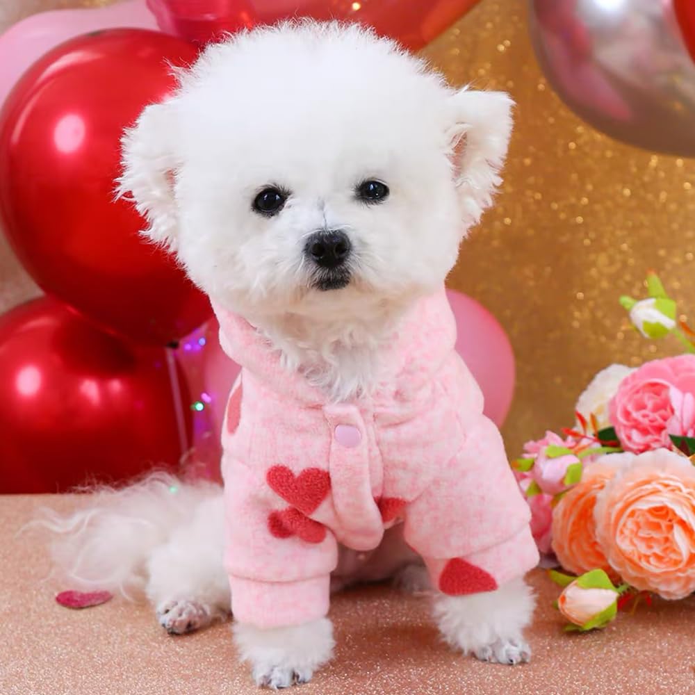 Aniac Pink Dog Hoodies For Small Dog Valentines Day Puppy Clothes With Leash Ring Cute Heart Pattern Cat Sweater Hooded Pet Swea