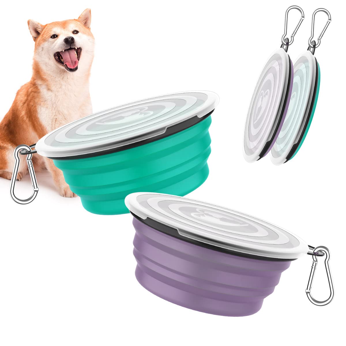 Pawaboo Collapsible Dog Bowls 2 Pack, Silicone Feeding Watering Bowls With Lids & Carabiners For Dogs Cats, Portable Water Feeder Food Bowl For Walking Traveling Home Use, 1000Ml, Violet+Turquoise