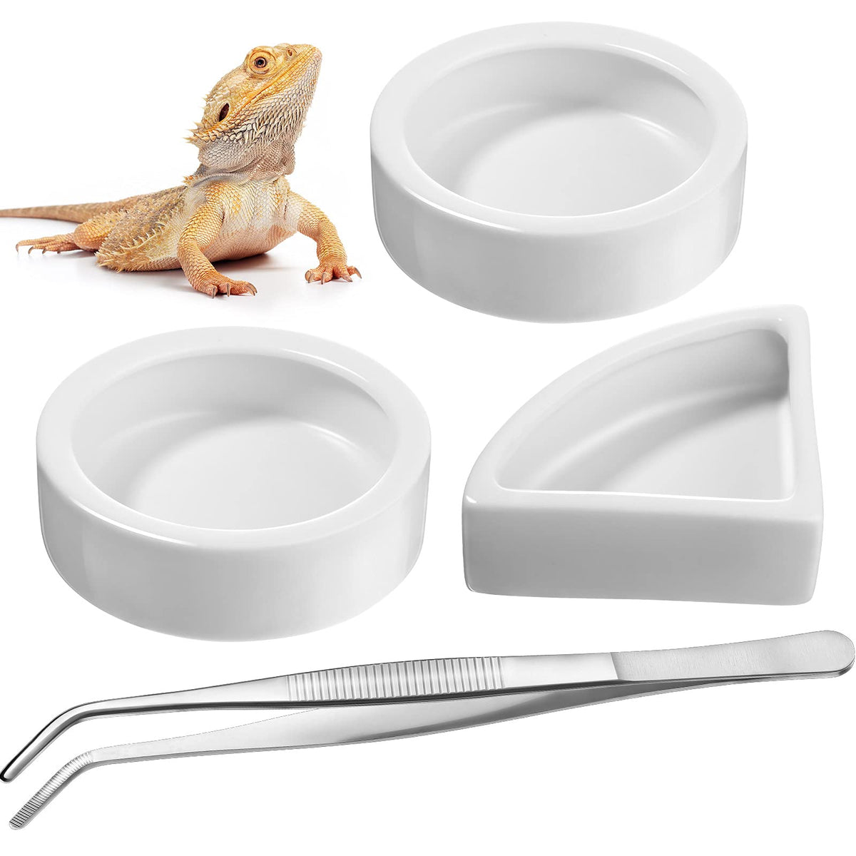 Boao 4 Pcs Reptile Food Water Bowl Set, 2 Round Reptile Food Dish 1 Corner Water Dish and 1 Feeding Tongs for Bearded Dragon Leo