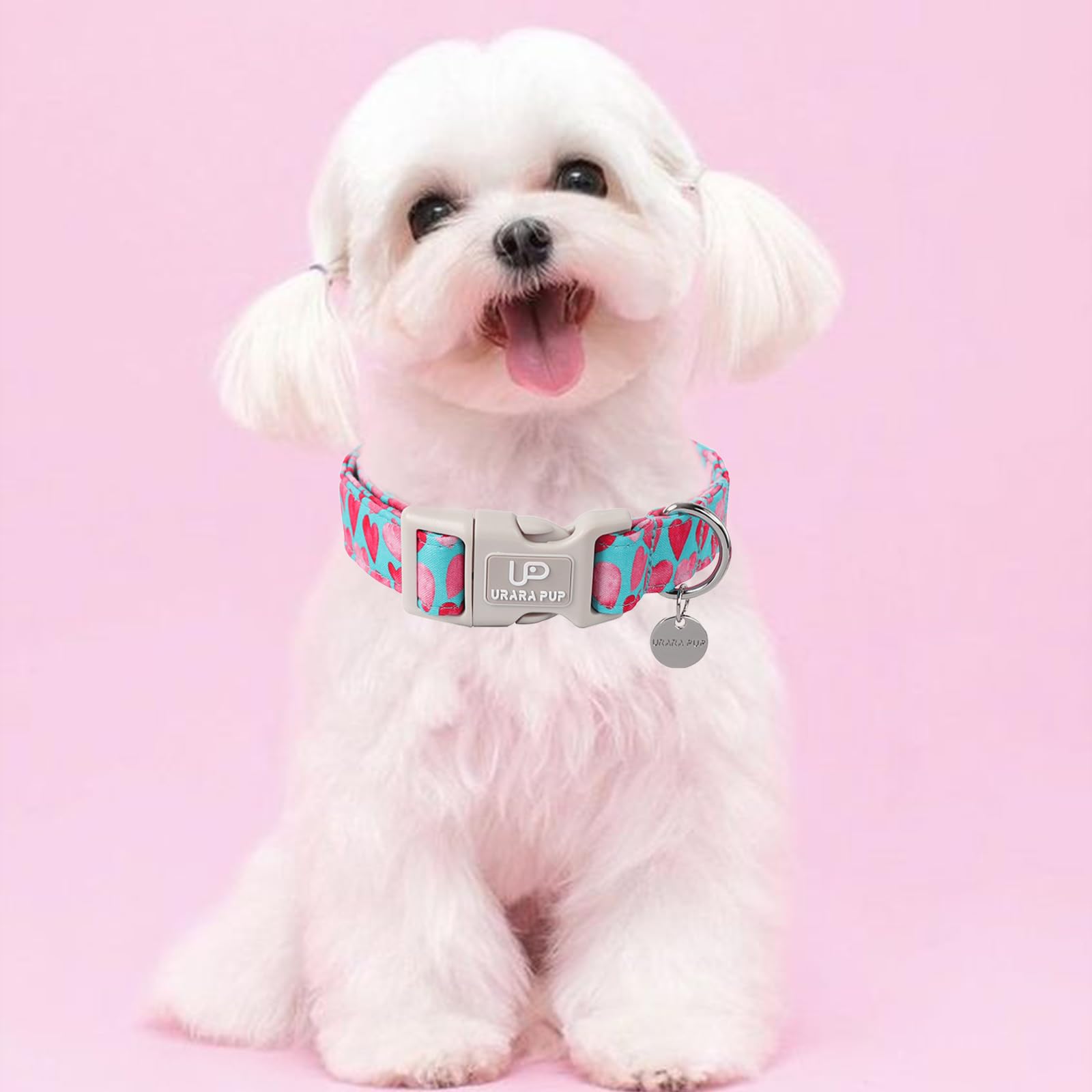 Up Urara Pup Pink Heart Dog Collar, Adjustable Size For Puppy Small Medium Dogs, Valentine'S Gift, Cotton Material, Unique Craft