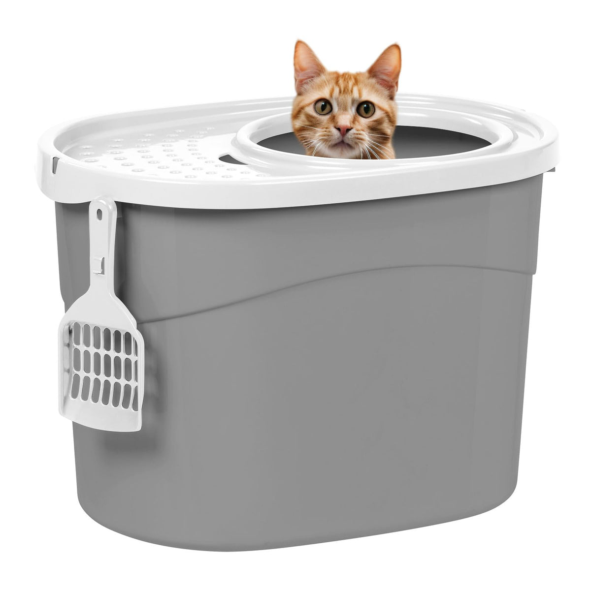 Iris Usa Cat Litter Box, Large Top Entry With Litter Catching Lid And Scoop, Dog Proof, Enclosed Cat Litter Box, Gray/White