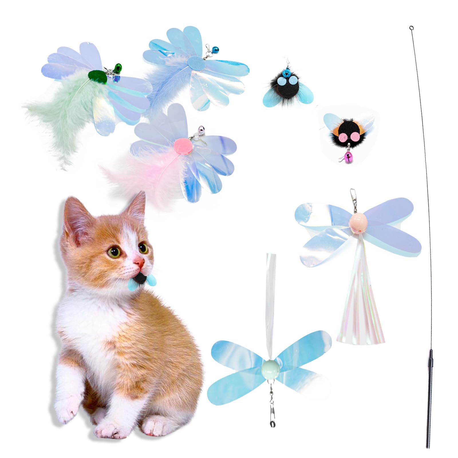 Mooipur Shiny Insect Replacements For Cat Wand Toy, 7 Pcs Kitten Teaser Refills With Bells For Cat Fishing Pole Toy, Bugs Refill