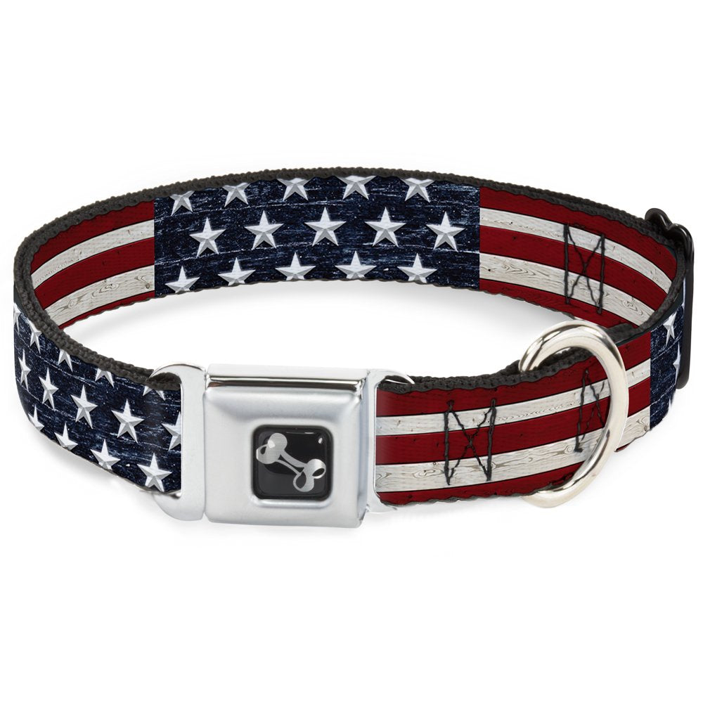 Dog Collar Seatbelt Buckle Americana Rustic Stars Stripes 11 To 17 Inches 1.0 Inch Wide, Dc-W30186-M