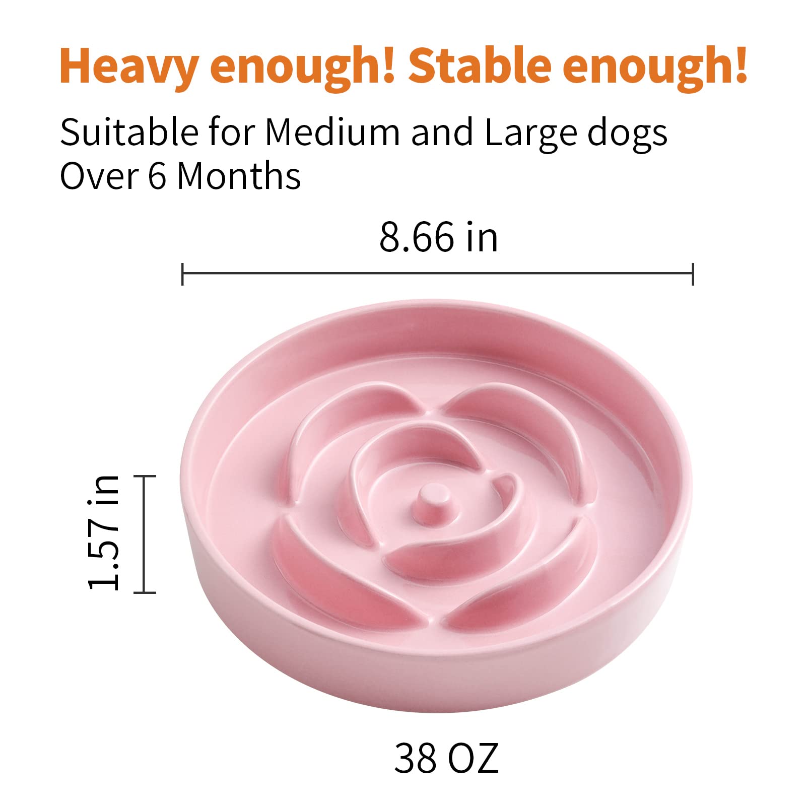 8.66 in Pink Ceramic Slow Feeder Dog Bowl for Medium and Large Breed,Pet Feeding Dog Food Water Dish Heavy Weighted,Puppy Bowl f
