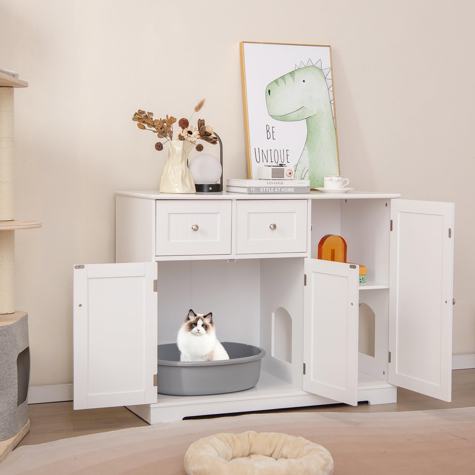 PETSITE White Cat Litter Box Enclosure, Modern Hidden Litter Box Furniture Side Cabinet with 2 Drawers, 3 Doors, and Anti-toppli