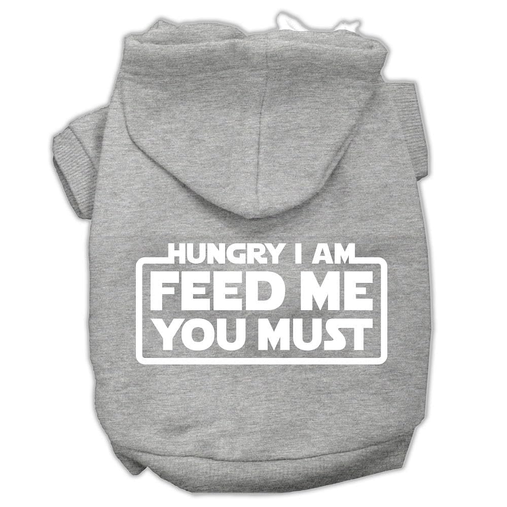 Pet, Dog & Cat Hoodie Screen Printed, 'Hungry I Am, Feed Me You Must' Gray Xs (0-3 Lbs.)
