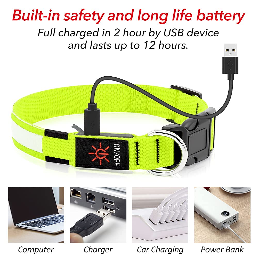 BSEEN LED Dog Collar - Rechargeable, Adjustable, Reflective, Large, Neon Green