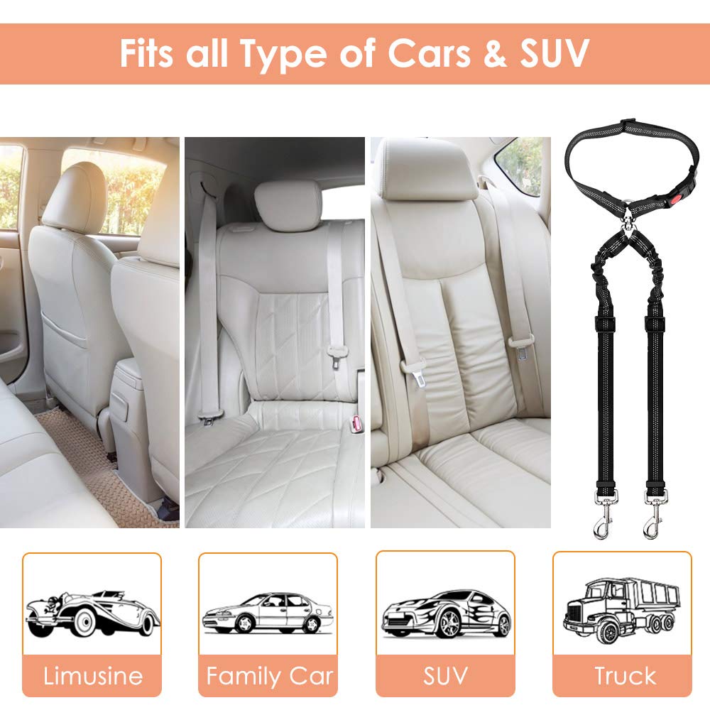 Autowt Double Dog Seat Belt, New Dual Pet Car Headrest Restraint Safety Seatbelt No Tangle Dog Leash Duty Adjust Elastic Bungee Puppy Lead Splitter Connect Harness In Vehicle Travel For 2 Dogs