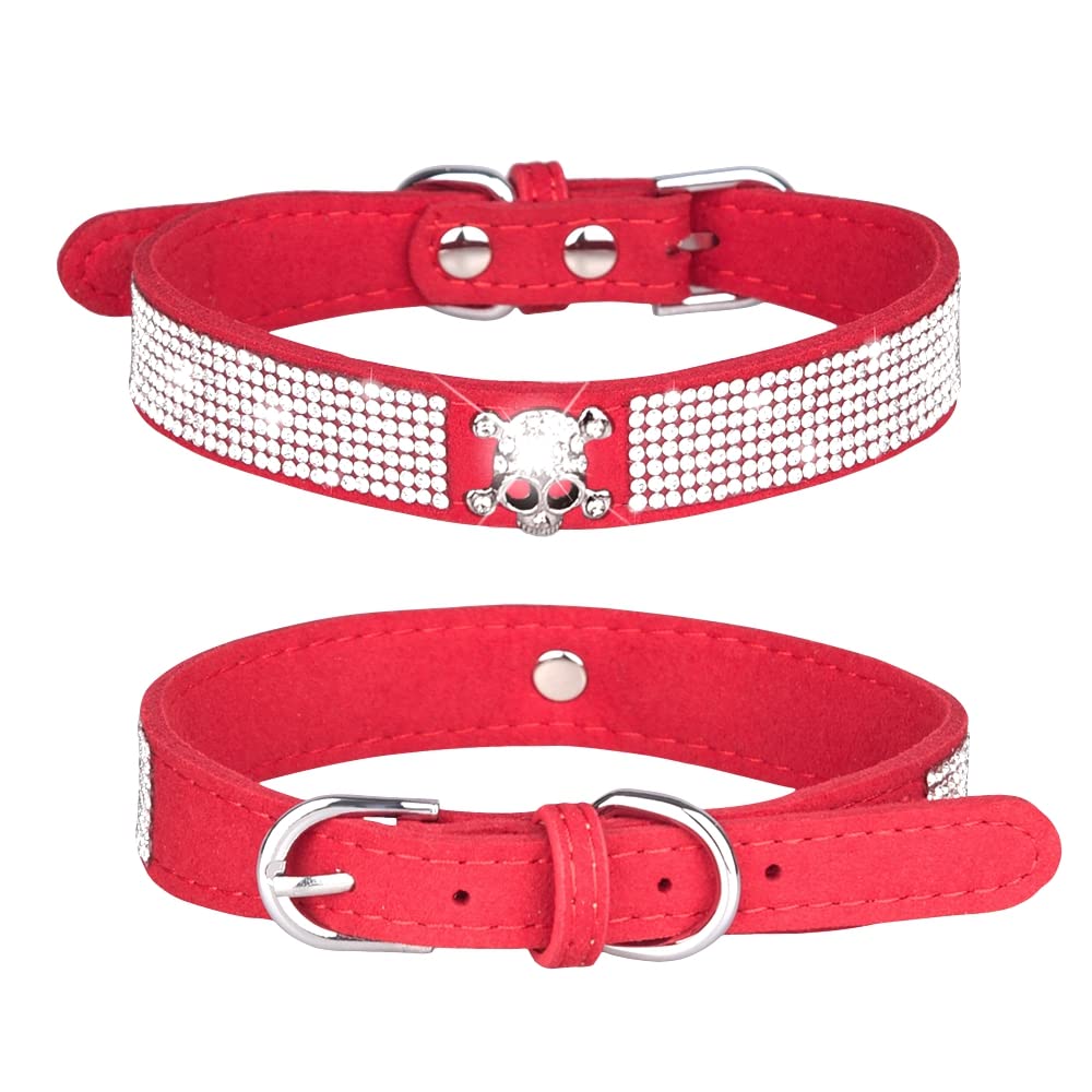 Pimaodog Rhinestone Dog Collar, Cute Dazzling Sparkling Soft Suede Leather Adjustable Pet Dog Cat Collar Crystal Diamond For Puppy Small Medium Large Dogs (L:38 - 46Cm, Red-5)