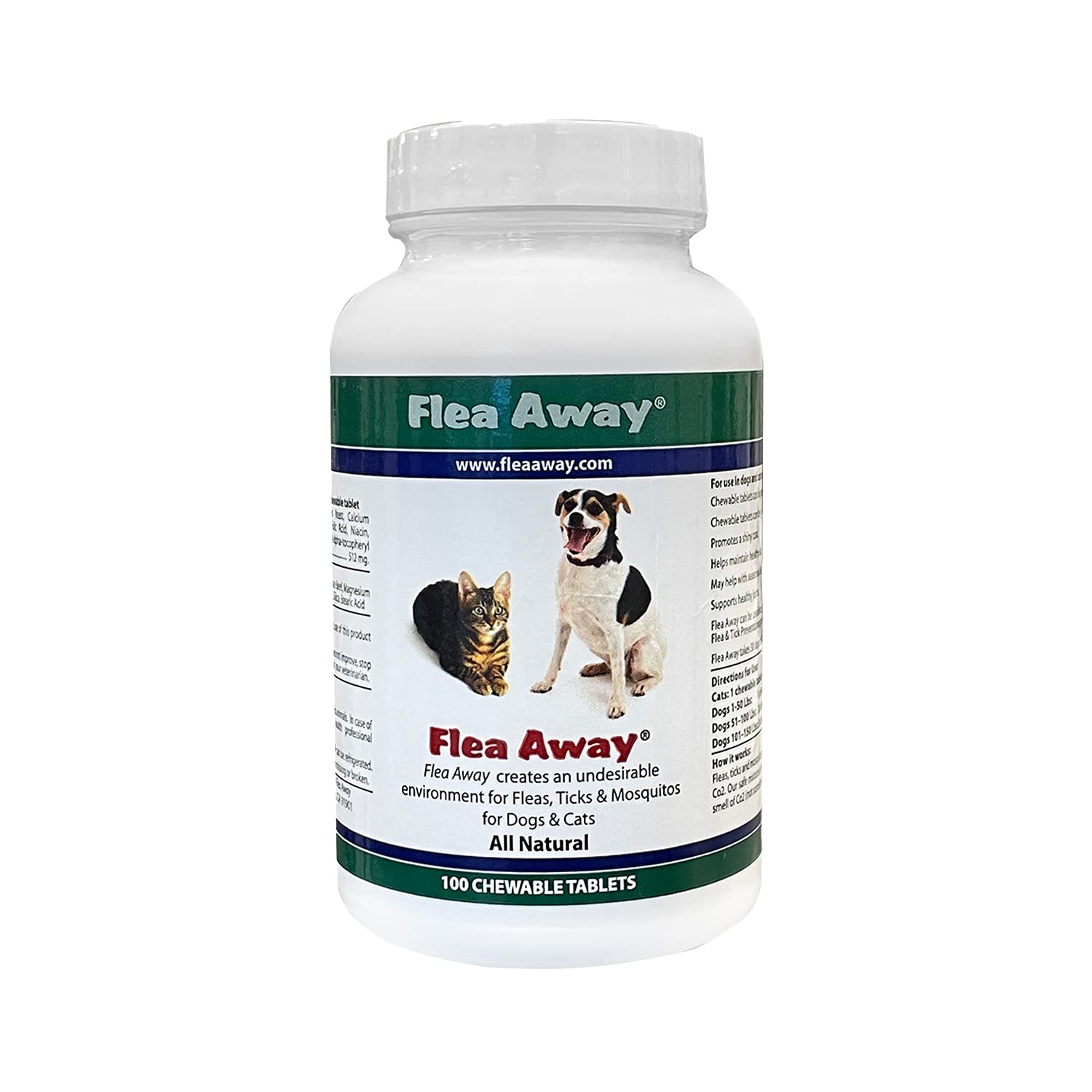 Flea Away All Natural Supplement for Fleas, Ticks, and Mosquitos Prevention for Dogs and Cats, 100 Chewable Treat Tablets, Singl