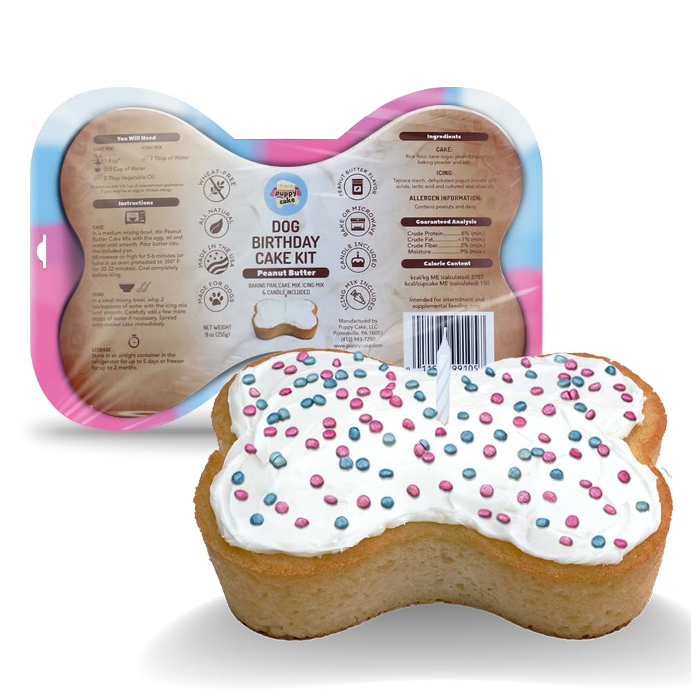 Puppy Cake Dog Birthday Cake Kit - Cake Mix, Icing Mix, Candle and Swirl Tri Color Silicone Pan, Peanut Butter Flavor - Bake or 