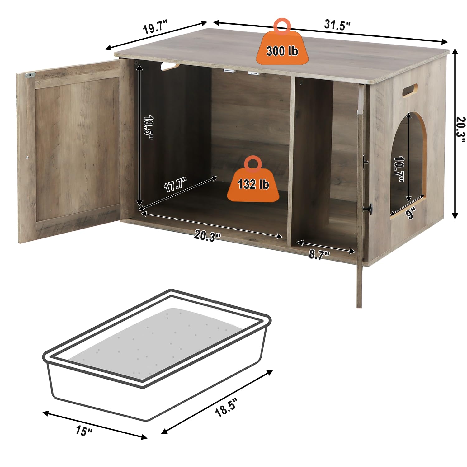 Timberer Cat Litter Box Enclosure, Litter Box Furniture Hidden With Removable Divider, Wooden Cat Washroom Furniture, Greige