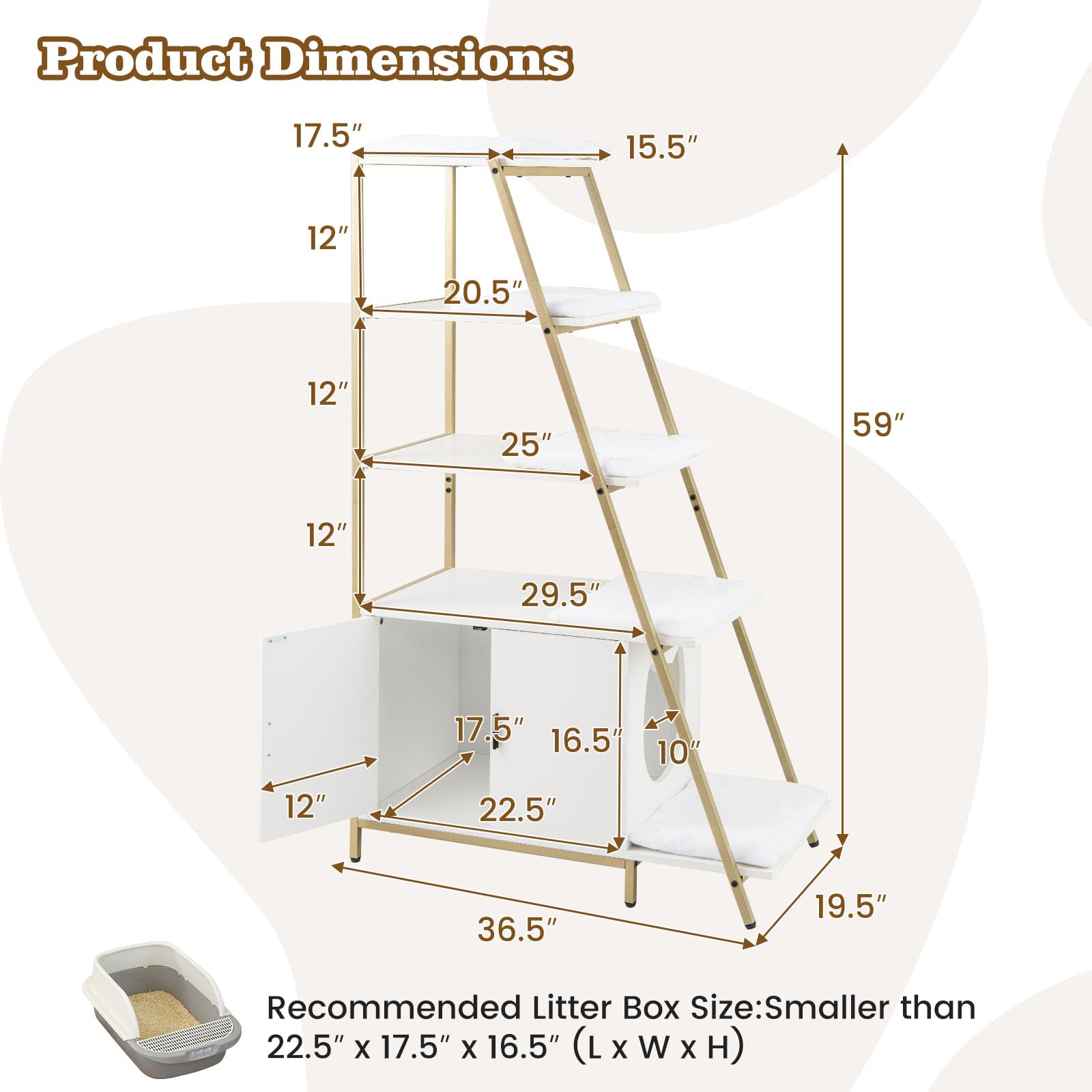 Petsite Cat Litter Box Furniture With 3-Tier Ladder Shelves And Doors, 59 Inch Cat Box Enclosure With Removable Plush Mats, Indo