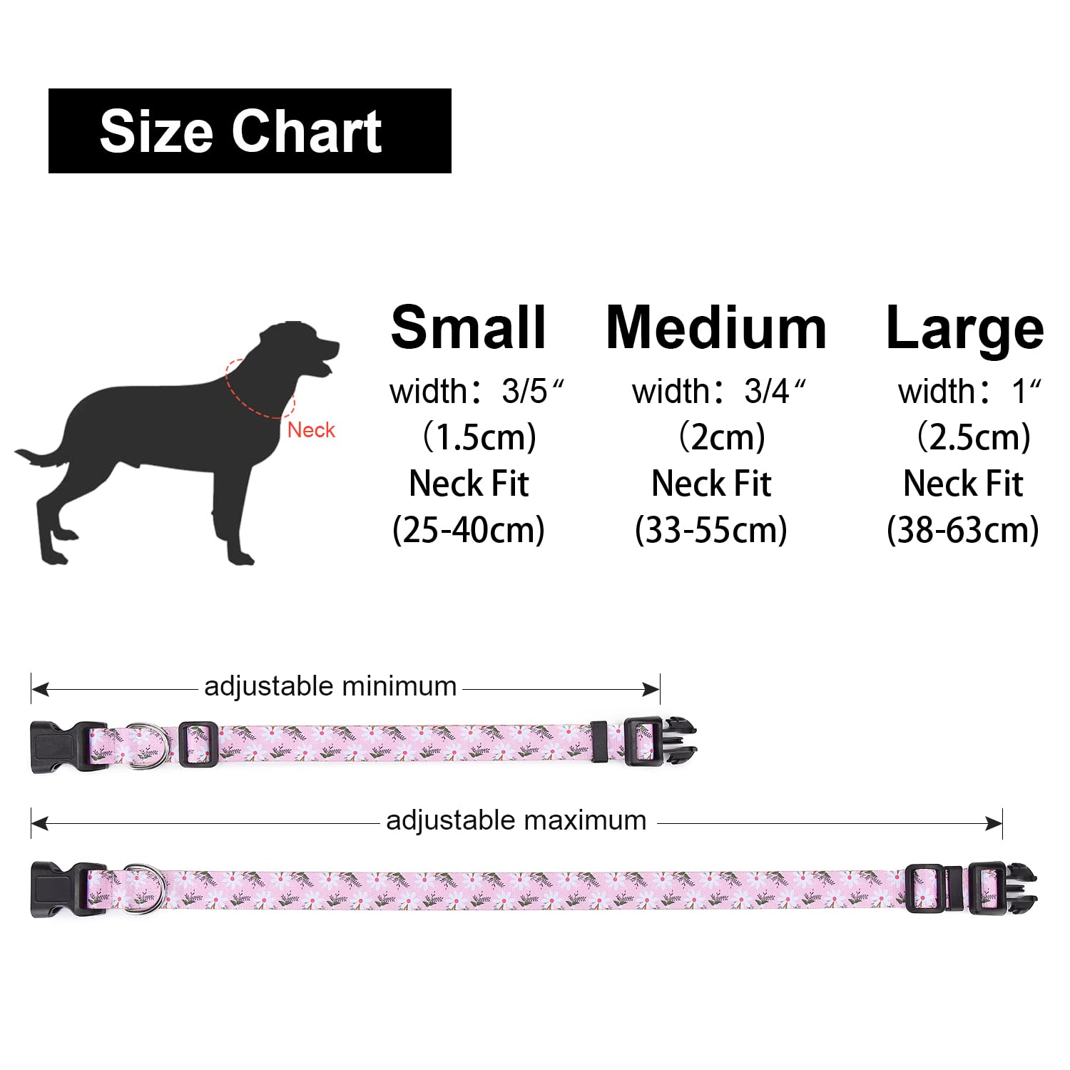 Suredoo Adjustable Dog Collar With Patterns, Ultra Comfy Soft Nylon Breathable Pet Collar For Small Medium Large Dogs (M, Pink White Flower)
