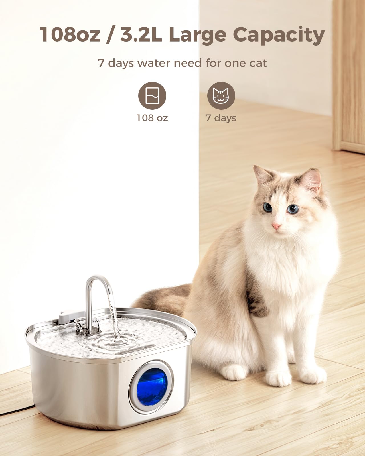 Cat Water Fountain Stainless Steel: 3.2L/108Oz Automatic Pet Water Dispenser - Dog Drinking Water Bowl - Cat Fountain With Water