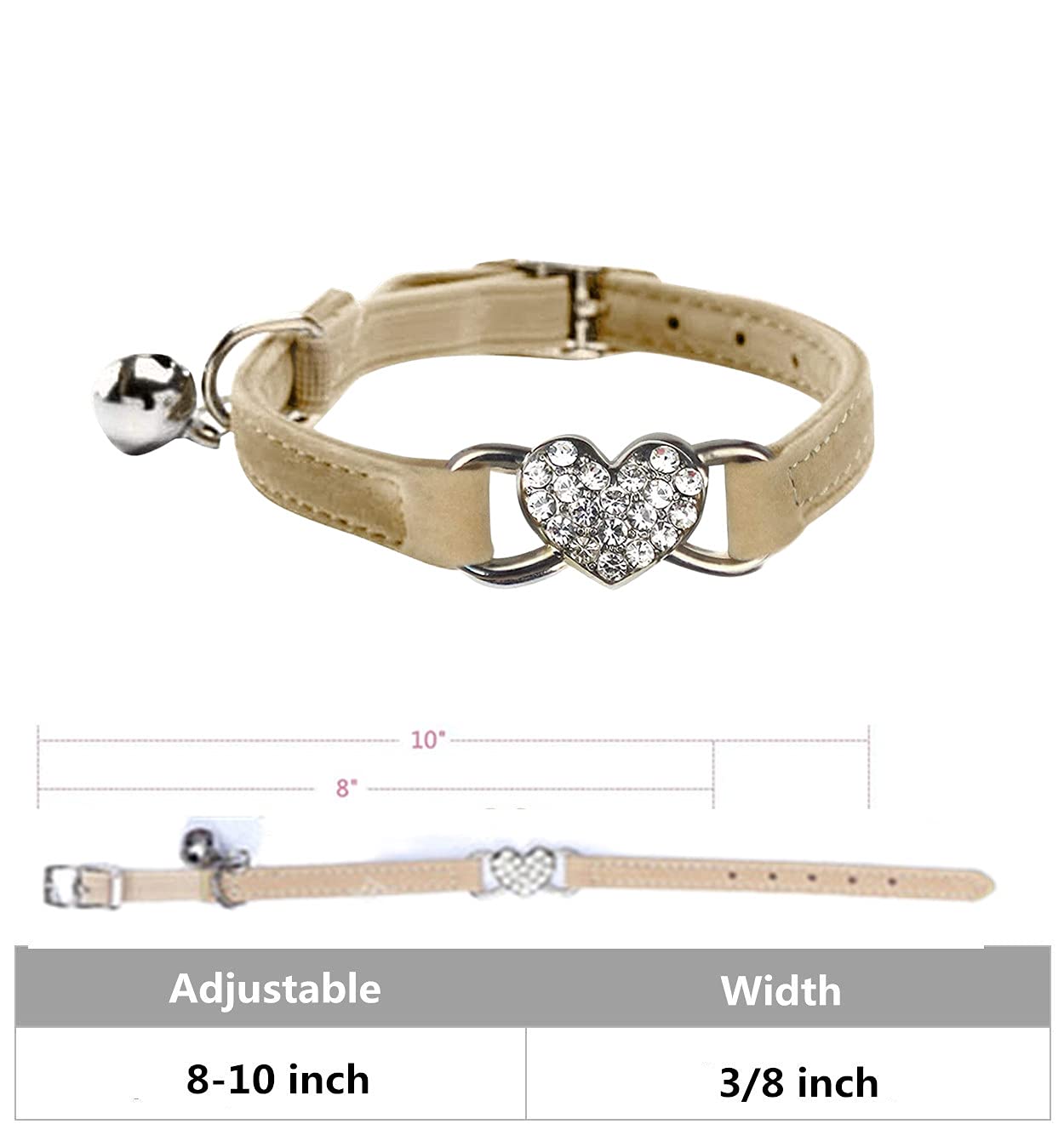 Wdpaws Heart Bling Cat Collar With Safety Belt And Bell Adjustable 8-10 Inches For Kitten Cats (Khaki)