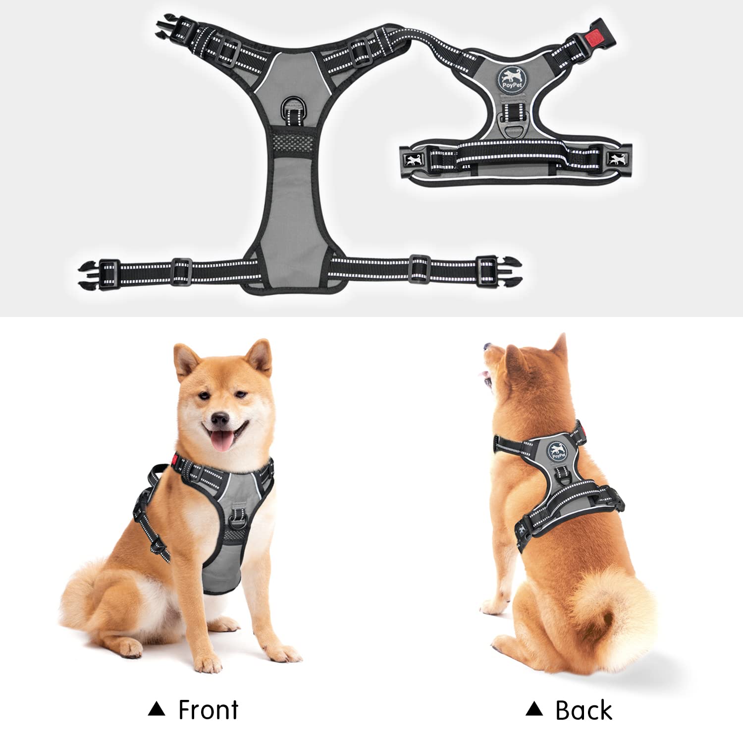 Poypet No Pull Dog Harness, No Choke Front Lead Dog Reflective Harness, Adjustable Soft Padded Pet Vest With Easy Control Handle For Small To Large Dogs(Grey,S)
