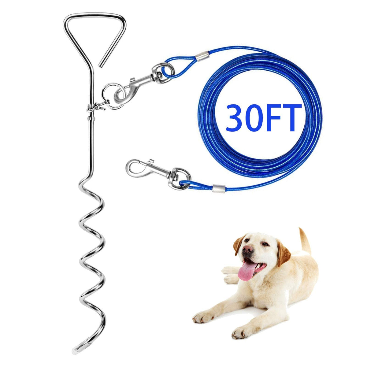 Dog Tie Out Cable And Anti Rust Spiral Stake , 30Ft Outside Leash&Chain For Camping And Yard, 16'' Heavy Duty For Medium-Large D