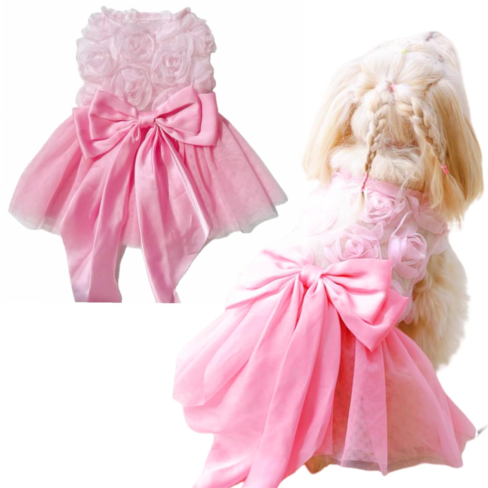 Yaopelky Small Dog Wedding Dresses Rose Flower Bowknot Dog Cat Dress Puppy Tulle Dress Doggie Tutu Skirt Cat Outfit Pet Costume 