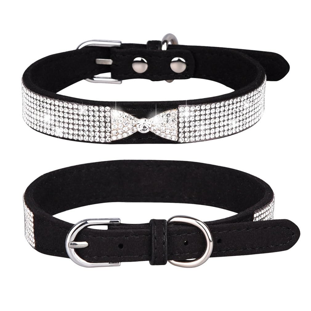 Black Bling Collars For Small Dogs, Pretty Crystal Sparkly Diamond Bow Rhinestone Cat Collars Glitter Jeweled Bling Girl Puppy C