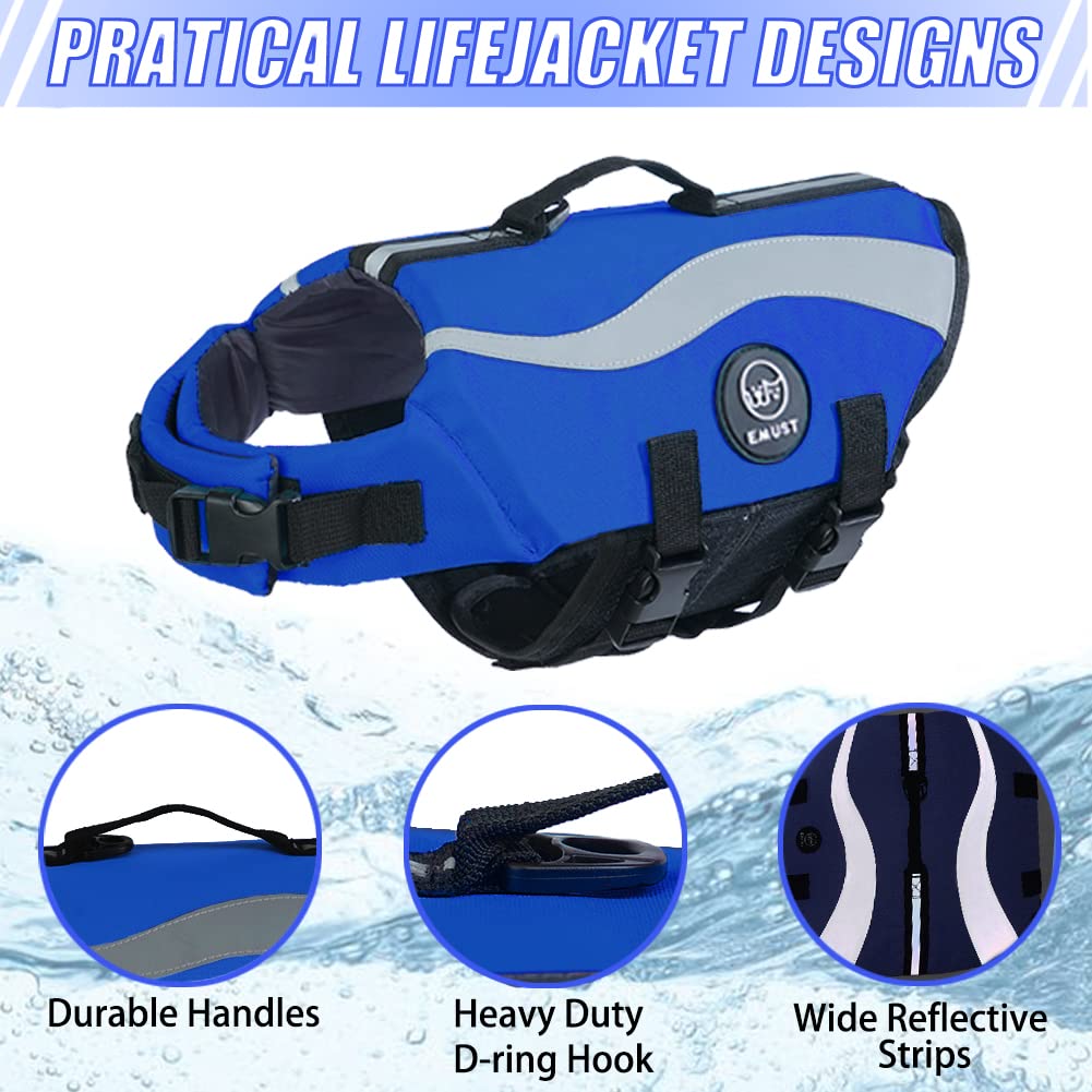 Emust Dog Life Vests, Adjustable Dog Life Jackets For Boat With Front Float, High Visibility Safety Swimsuit, Royal Blue, Medium