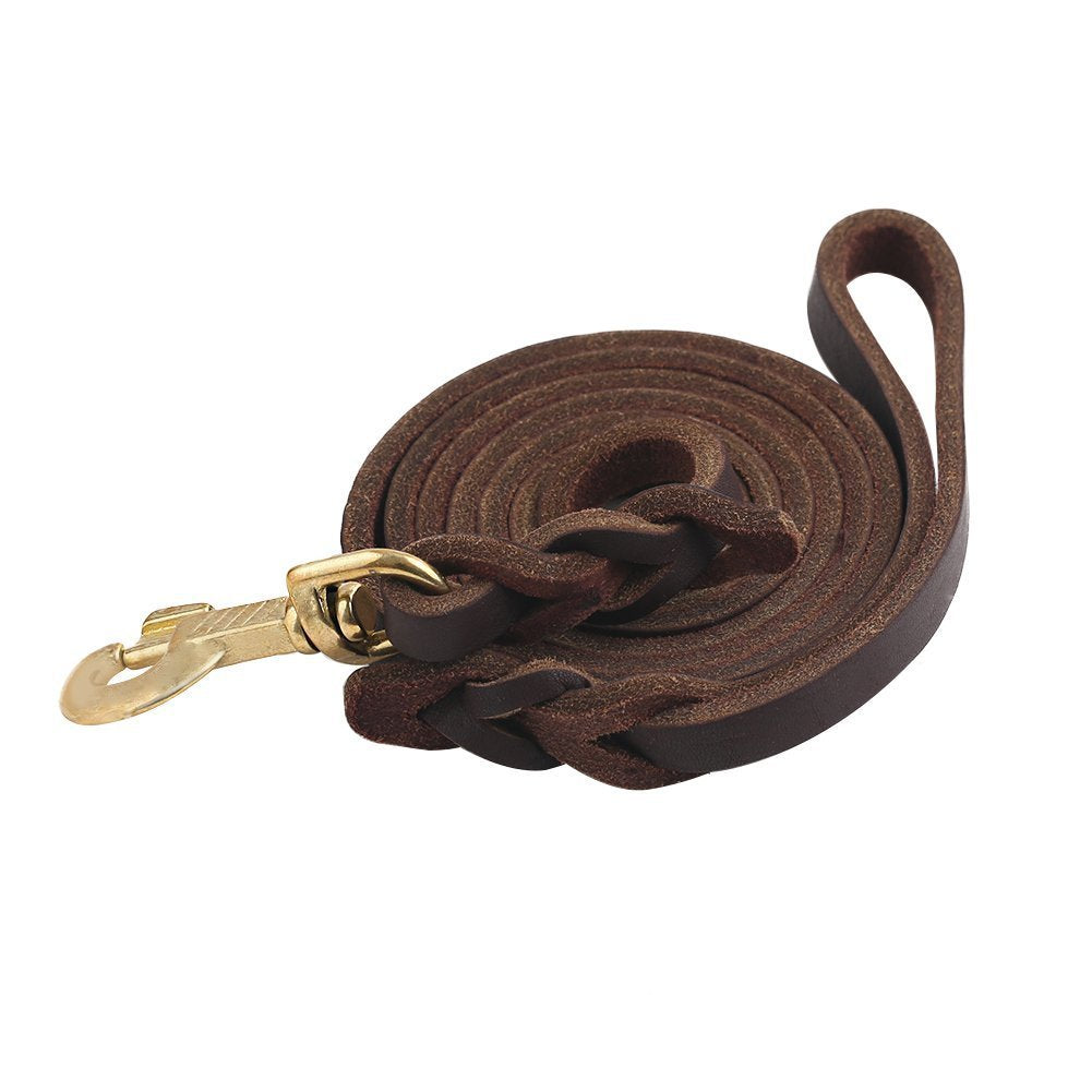 Guiding Star Leather Dog Leash - 8ft Heavy Duty Braided Training Leash for Large & Medium Dogs, Brown