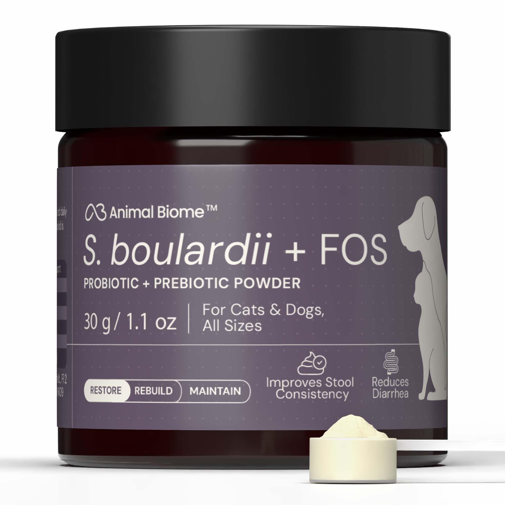 Animal Biome S. Boulardii + FOS Powder Probiotics for Dogs & Cats 30g (50 Scoops), Saccharomyces Boulardii Dog Probiotic + Prebi