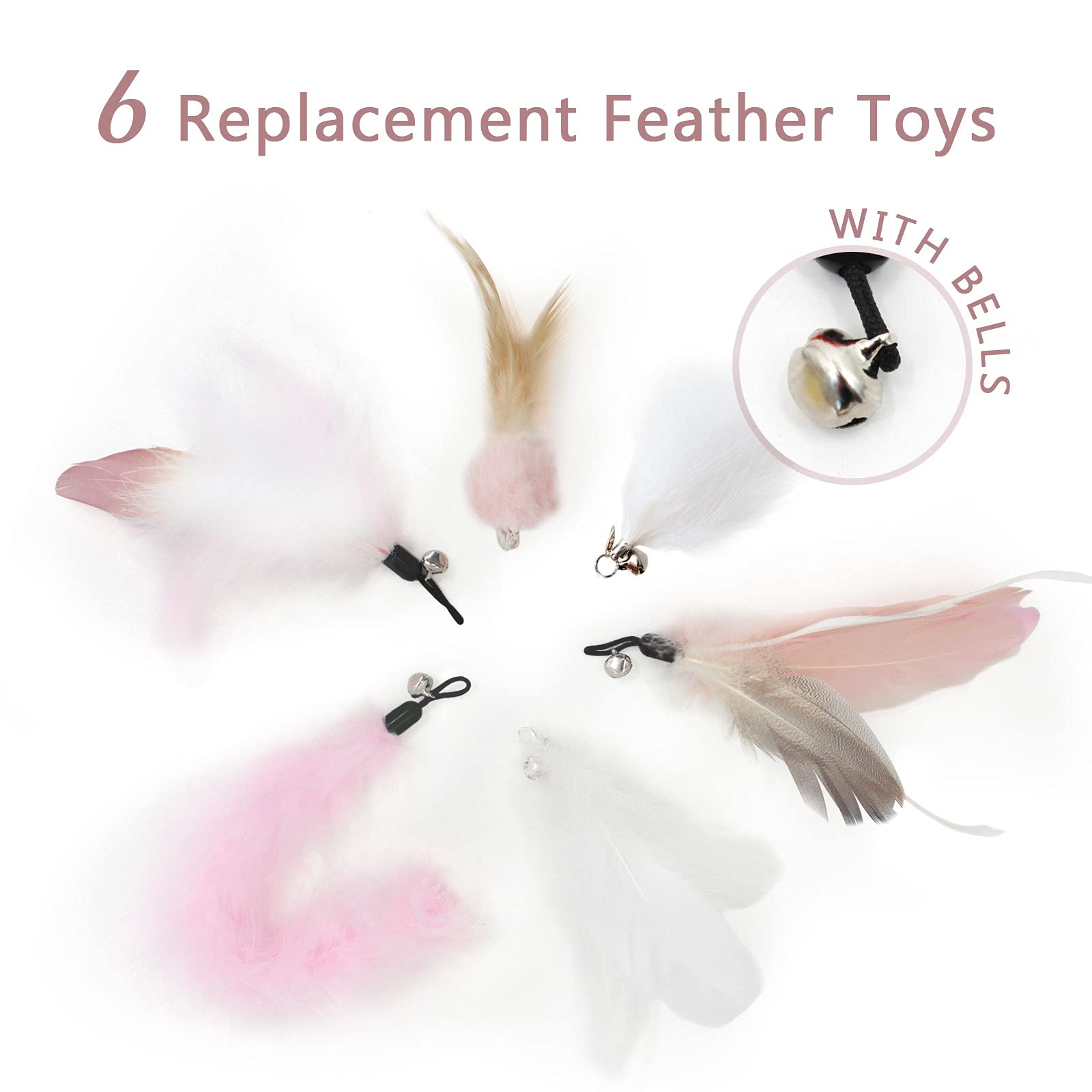 Songway Interactive Cat Feather Toys - 7 Pcs Cat Toy Set, Retractable Cat Wand Toy, Teaser Refills Worm Bird Feathers With Bell, Cat Teaser Toys For Indoor Cats Kitten Play Chase Exercise, Light Pink